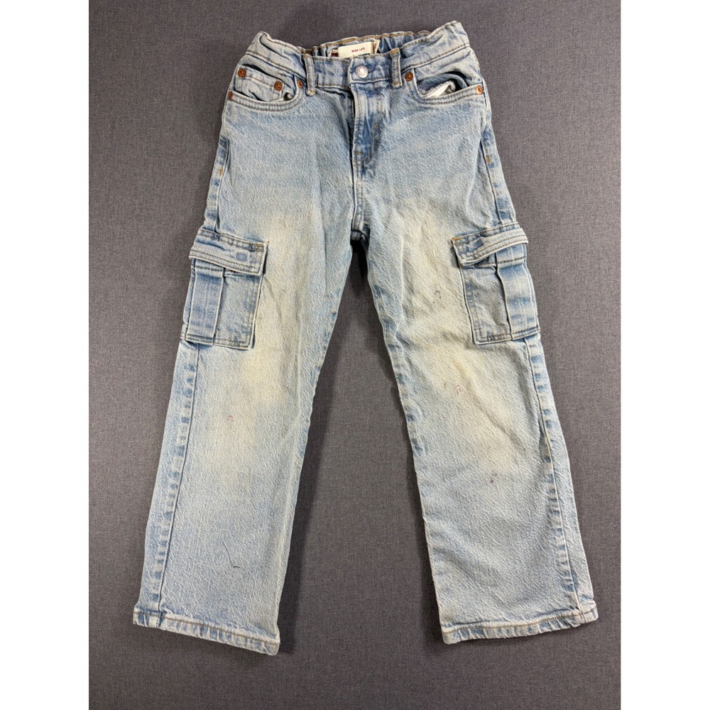Levis Girls Wide Leg Cargo Jeans Light Wash Denim Size 6X Elastic Waist